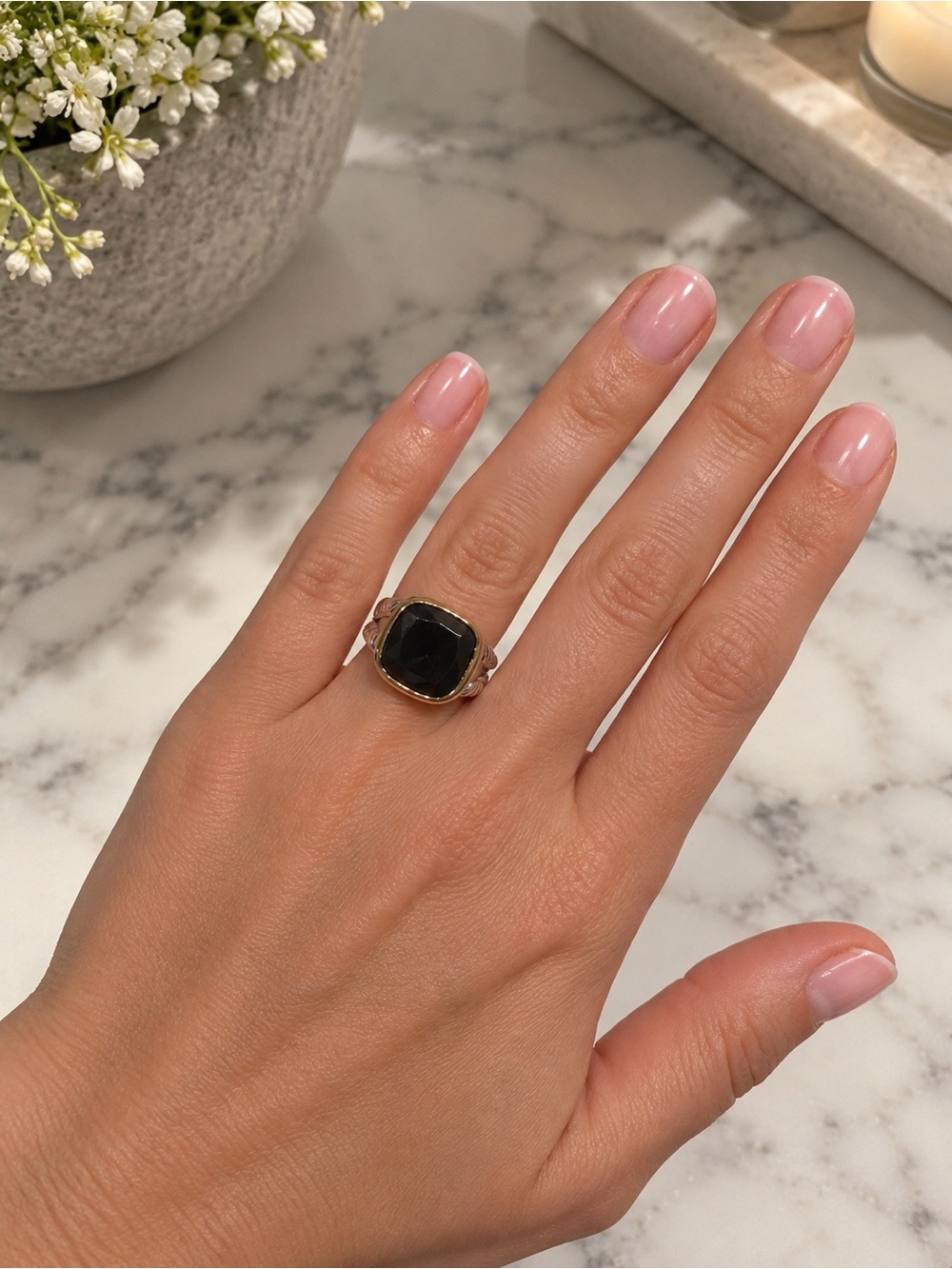 Black Stone Mixed Metal Cable Statement Ring Size 7